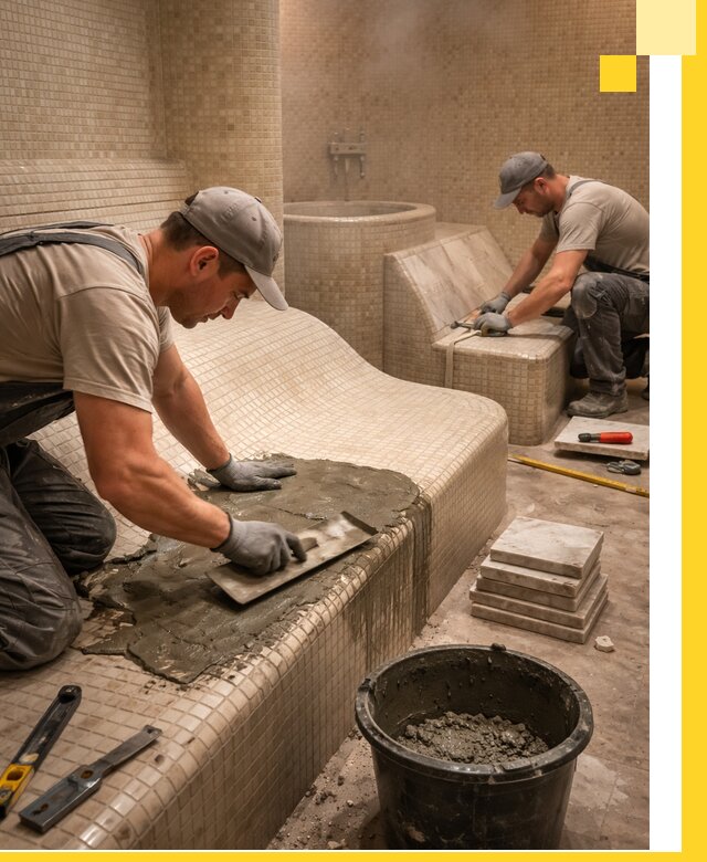 Лежаки для хамама под ключ в Железногорске, проект и монтаж